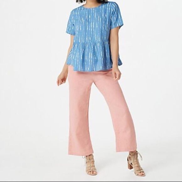 Denim & Co. Naturals Printed Linen Blend Peplum Blouse - Picture 3 of 5